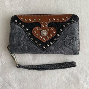 P & G Women’s Zip Around Wallet Western Boho Bejeweled Studded Wristlet Pockets